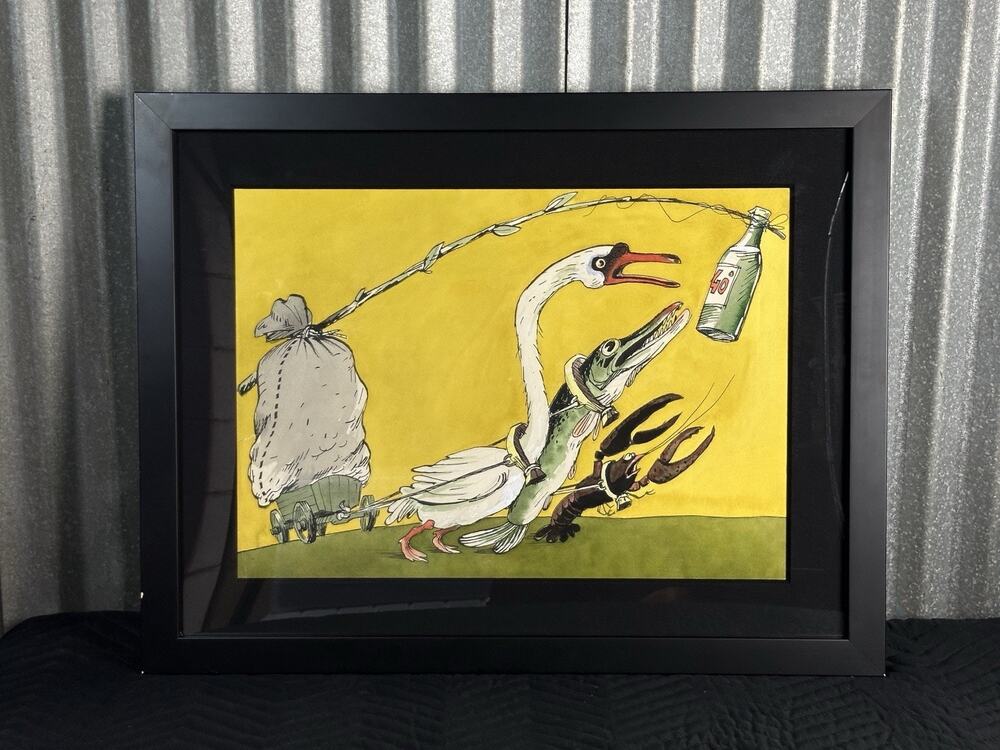 Surreal Animal Illustration Framed Art Goose Fish Lobster Chasing 40oz Bottle